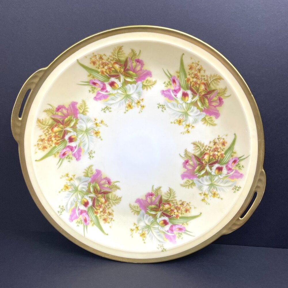 Antique R.S.Prussia 1905 Handled Cake Plate 9¼” Pink Orchid Floral w Gold Trim